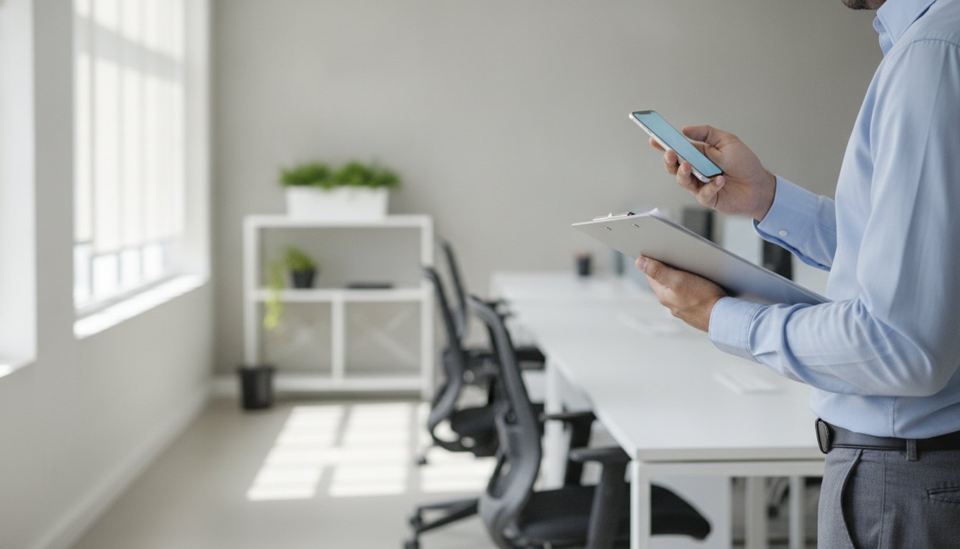 Funcionário examina um smartphone enquanto segura uma prancheta em um escritório iluminado.