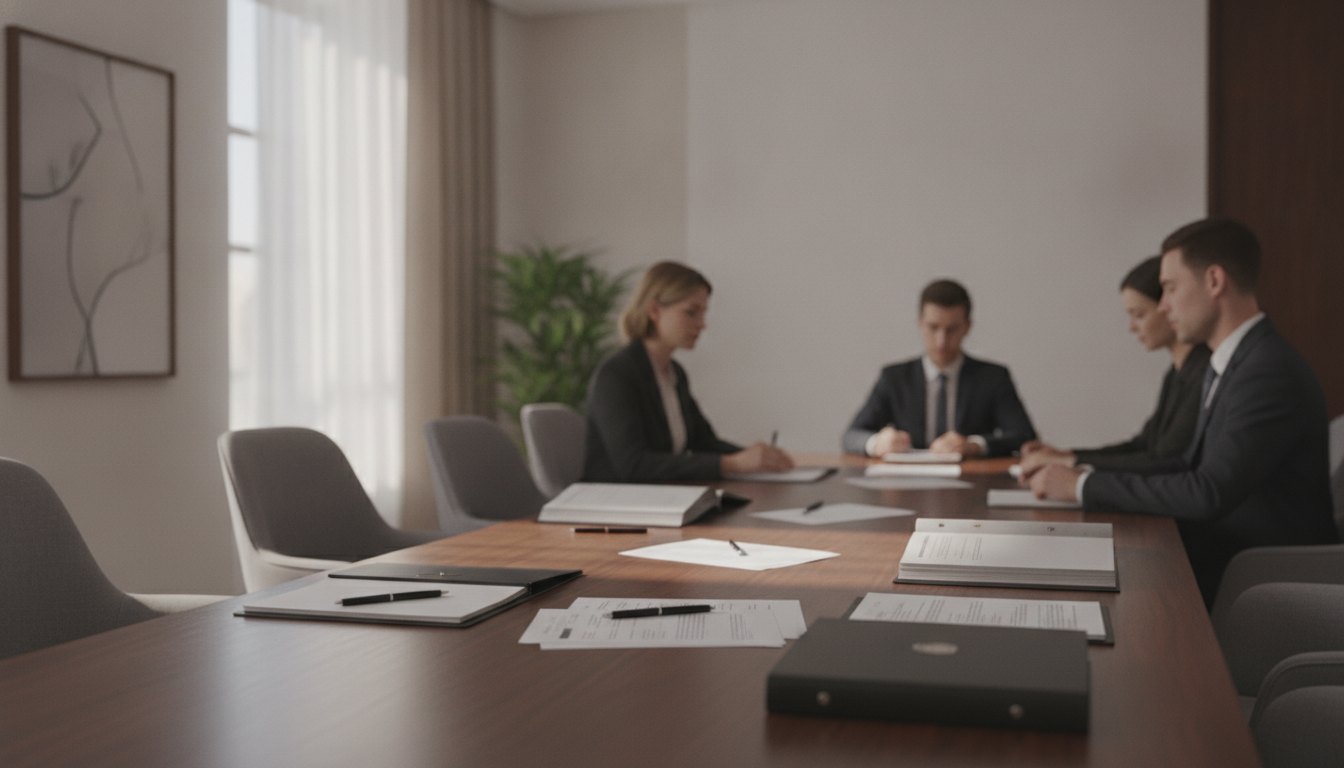 Profissionais sentados em uma sala de reuniões corporativa analisando documentos sobre a mesa.