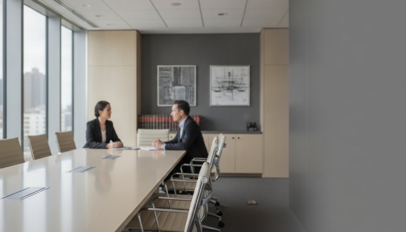 Profissional de recursos humanos conversando com um funcionário em uma sala de reuniões corporativa.