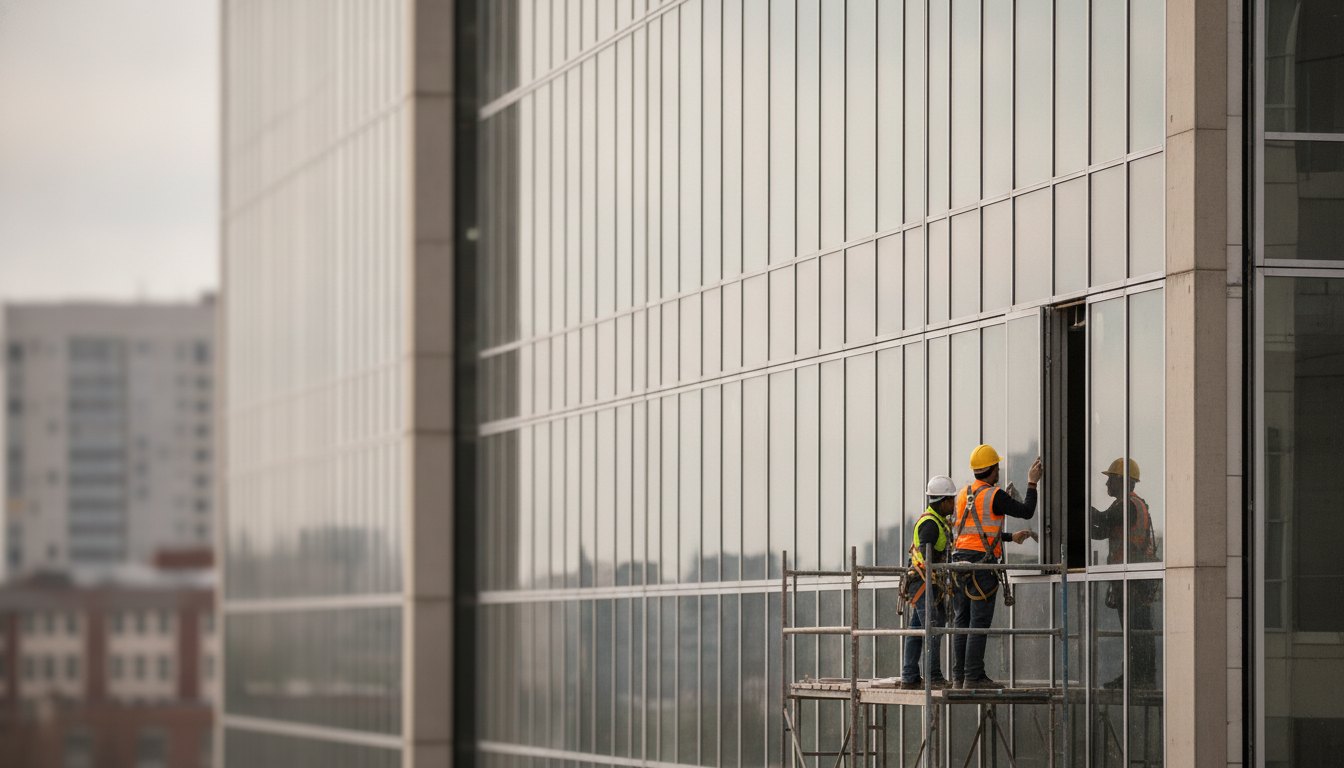 Trabalhadores com capacete inspecionando a fachada de um prédio comercial em fase final de construção.