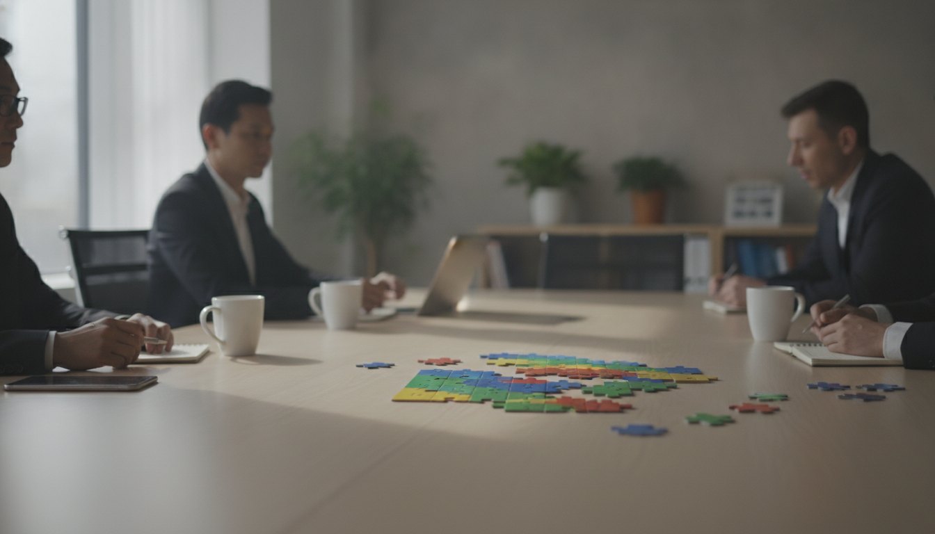 Grupo de profissionais reunidos em torno de uma mesa no escritório montando um quebra-cabeça colorido.