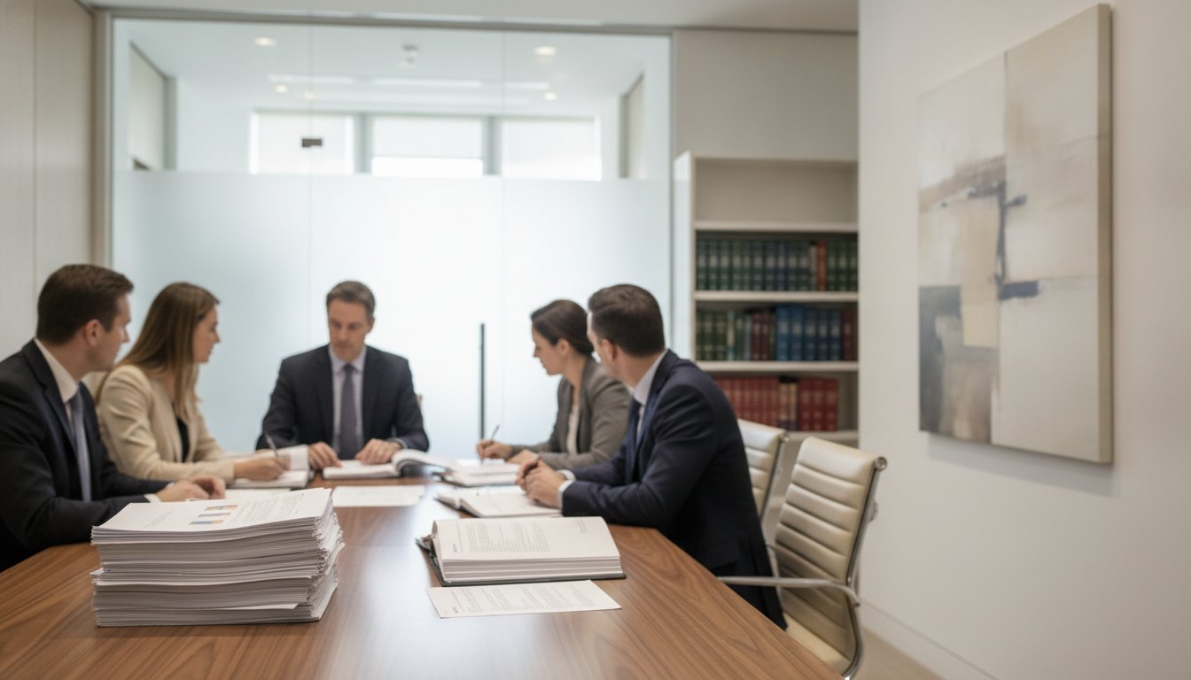 Profissionais sentados em uma sala de reunião moderna conversando enquanto analisam documentos sobre a mesa.
