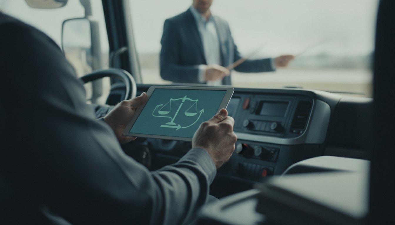 Motorista de caminhão segurando um tablet dentro da cabine do veículo durante um treinamento corporativo.