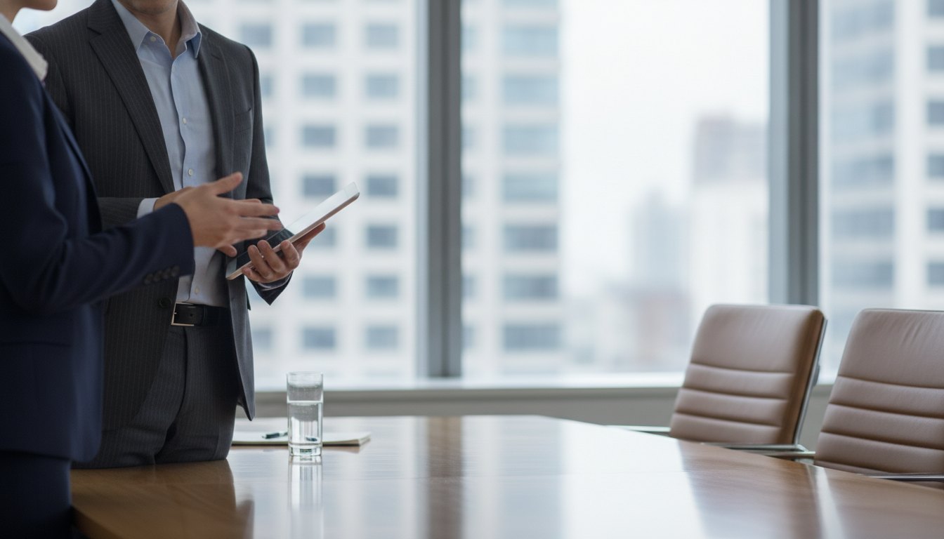 Profissional de recursos humanos conversando atentamente com um colaborador em uma sala de reuniões corporativa.