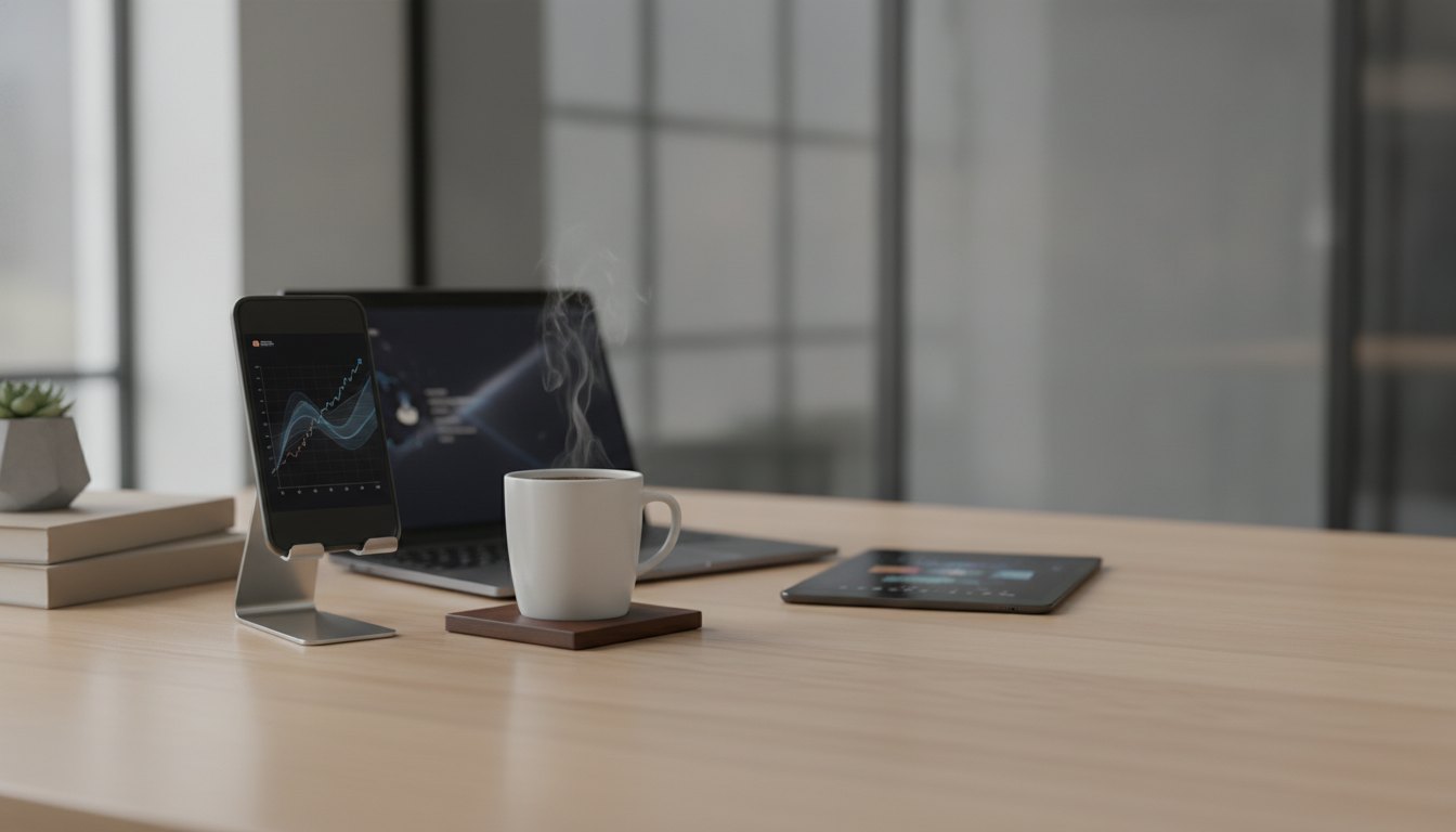 Profissional assistindo a um vídeo no celular enquanto toma café em uma mesa de escritório.