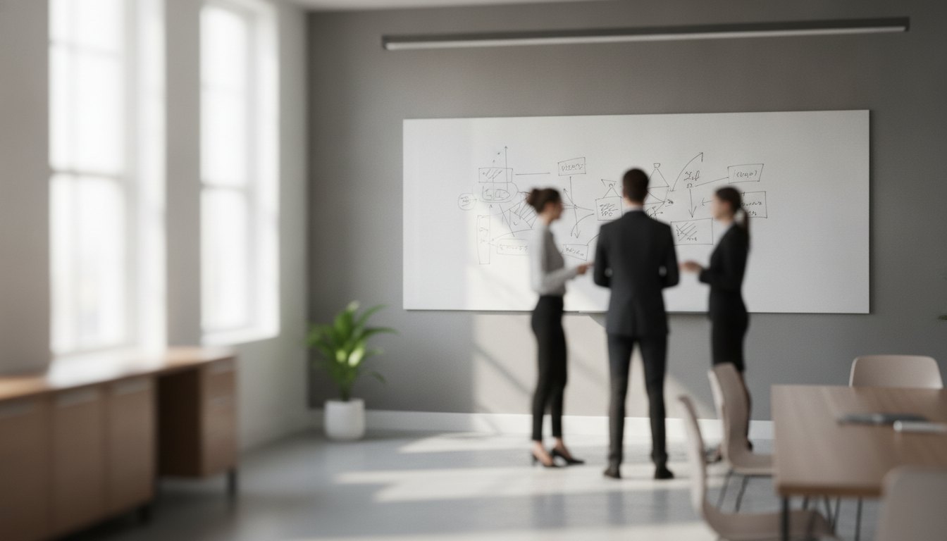 Profissionais reunidos em uma sala de treinamento corporativa discutindo anotações em um quadro branco.